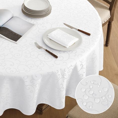 Nappe lavable ronde 200 cm blanc, Jacquard damassé, hydrofuge