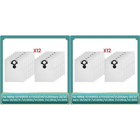 24 Sacs à Poussière pour Aspirateurs Nilfisk 107419593 ATTIX33/44, VL200Aero 20/21, Aero 25/26/31, VC2010L/VC2511 (1/4)