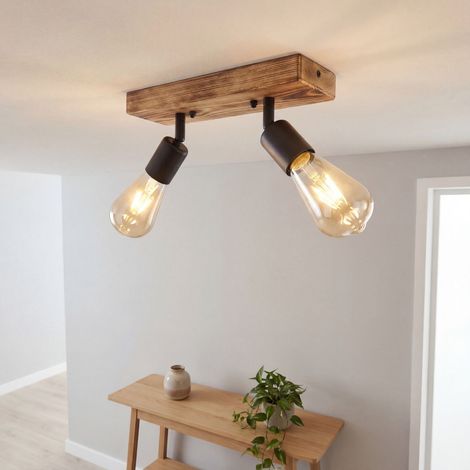 Strahler Metall Holz E27 verstellbar geflammtes Schwarz 2-flammig länglich Retro Spot Lampe