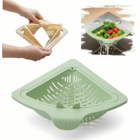 Filtro triangolare per lavello da cucina con base girevole, completo di cestello per scolare l'acqua e riporre oggetti - Verde (1/5)