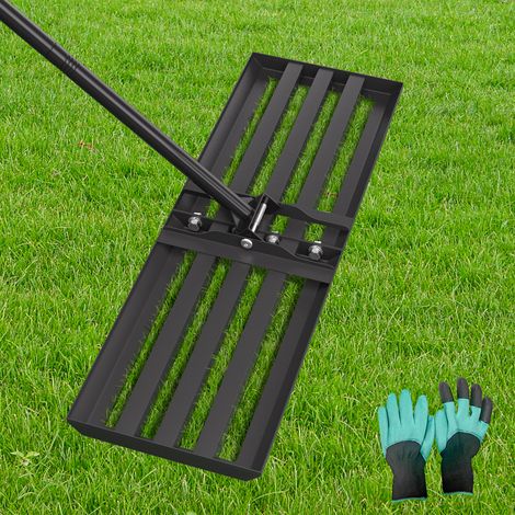 TolleTour Rastrello livellatore per prato 75 x 25 cm con manico in acciaio, fornito con guanti da giardinaggio con artigli (1/5)
