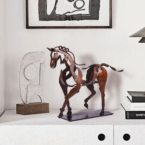 Estatua de caballo de metal, decoración 100% hecha a mano, escultura de caballo moderna, artesanía, estatua rústica de metal para decoración del hogar, estante, chimenea, escritorio (estilo 1) (1/2)