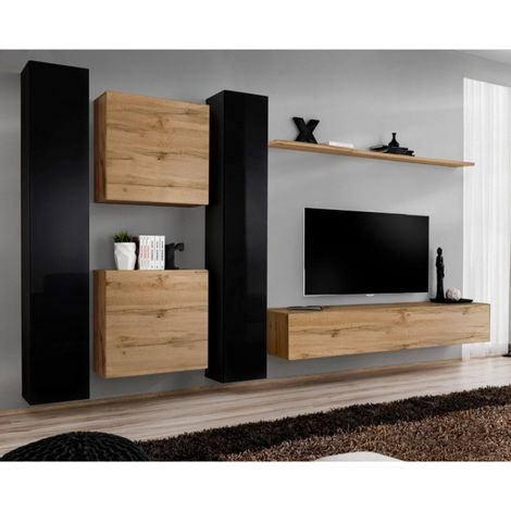 Meuble TV Mural Design "Switch VI" 330cm Noir & Naturel (1/4)