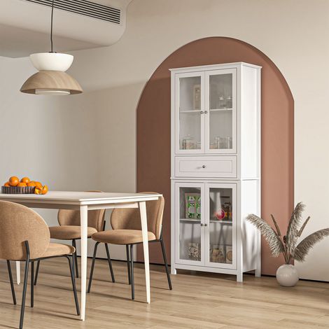 Mobile da cucina con vetrina, 4 ante in vetro temperato, cassetto e ripiani regolabili, 74x35,5x181,5 cm, colore bianco. (1/5)