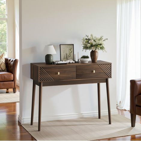 Consolle da ingresso Mid-Century con 2 cassetti in MDF noce 100 x 35 x 80 cm OKWISH (1/5)