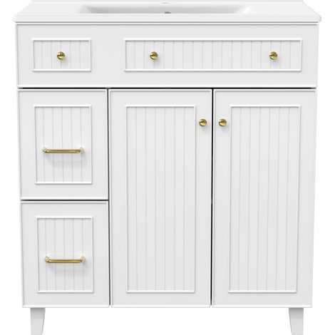 Meuble de salle de bain avec lavabo 81,7 cm - meuble vasque sur pied avec vasque en céramique, finition laquée, espace de rangement multifonction et pieds en bois massif, design moderne de luxe - blan (1/5)
