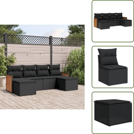The Living Store Salon de jardin 6 pcs avec coussins noir résine tressée - Ensemble Salon De Jardin - Meuble Extérieur - Salon De Jardin Pliable - Set De Salon De Jardin - Fauteuil De Jardin (1/5)