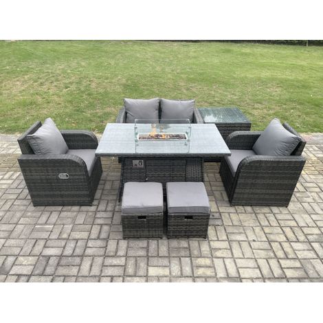 Fimous Rattan Gartenmöbel Set Outdoor Patio Gas Feuerstelle Esstisch und Stühle mit Beistelltisch Love Sitz Sofa 2 Kleine Fußhocker (1/5)