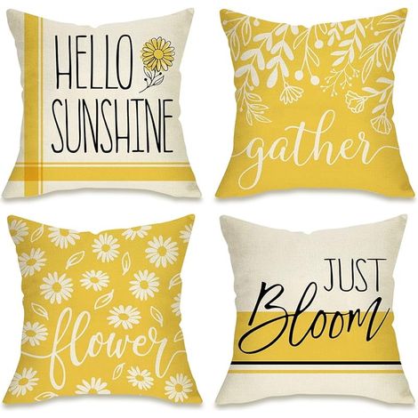 Housse De Coussin Décorative - 18 x 18 Pouces - Coton Linen - Motif Fleur De Pâquerette Jaune - Pour Intérieur Et Extérieur - Lot De 4 (1/5)