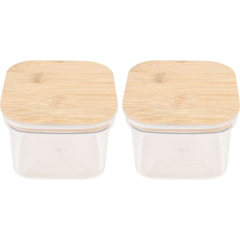 Boîte de rangement étanche en plastique carrée et transparente pour cuisine, idéale pour céréales, noix, thé, grains de café, avec couvercle en bambou – lot de 2 pièces de 600 ml (1/4)