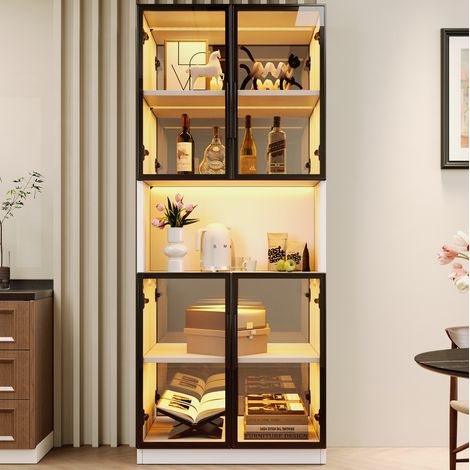 Vitrine en verre avec LED et miroir, 70 x 30 x 170 cm, portes en verre gris, blanche HAVRYA (1/5)