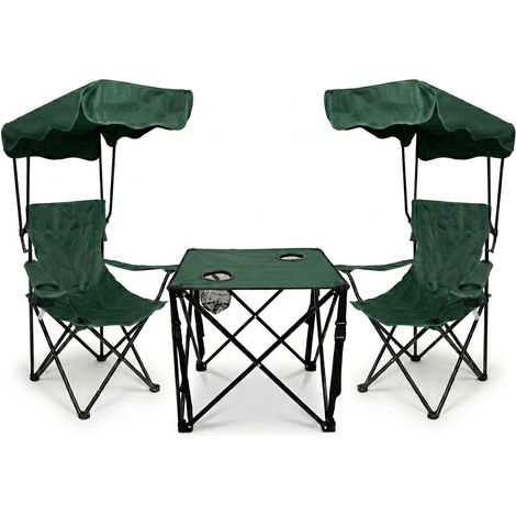 Set Outdoor verde Kit 2 Sedie da Campeggio con Parasole Regolabile e Tavolino Pieghevole Portabicchieri in Tessuto Oxford 600D Acciaio per Spiaggia Pesca e Montagna