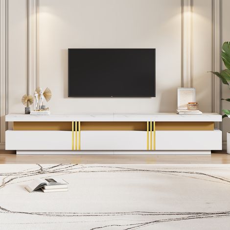 Meuble TV moderne avec design marbré,200x40x42cm,pour téléviseurs jusqu'à 90 pouces,équipé de trois tiroirs et gestion des câbles. (1/5)