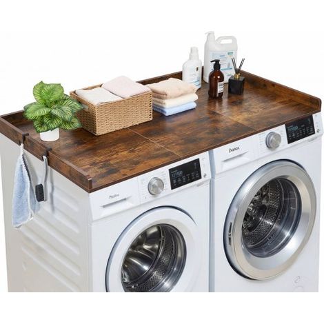 Arbeitsplatte für Waschmaschine & Trockner (137 x 69,9 cm) mit Erhöhtem Rand & Haken, zur Organisation und Aufbewahrung im Wäscheschrank Speisekammer Küchentheke, 113 kg Belastbar, Braun (1/5)
