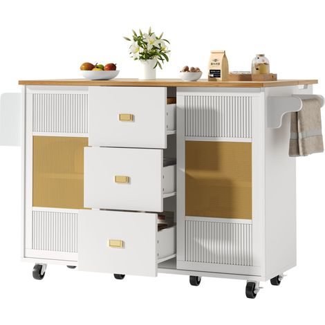 Îlot de cuisine indépendant 120x73(45)x90 cm,buffet,chariot de cuisine extensible sur roulettes avec porte-serviettes,étagère à épices et étagères réglables,blanc (1/5)