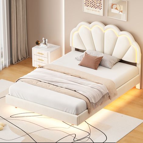 Lit 140x190,lit double capitonné,lit adulte,avec sommier à lattes, tête de lit réglable, lumière LED réglable, tissu en velours, beige