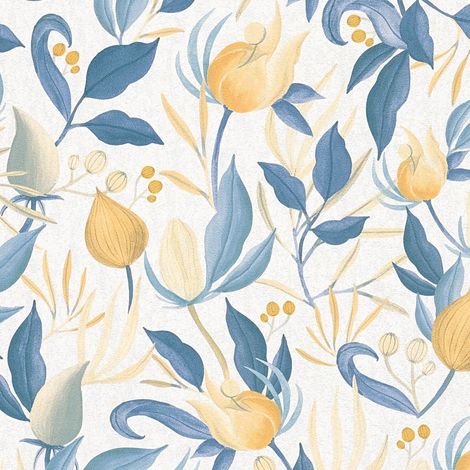 Papel pintado floral Profhome 790626 papel pintado vinílico estampado en caliente tejido non tejido ligeramente texturado con ornamentos florales mate crema azul amarillo pastel oro 5,33 m2