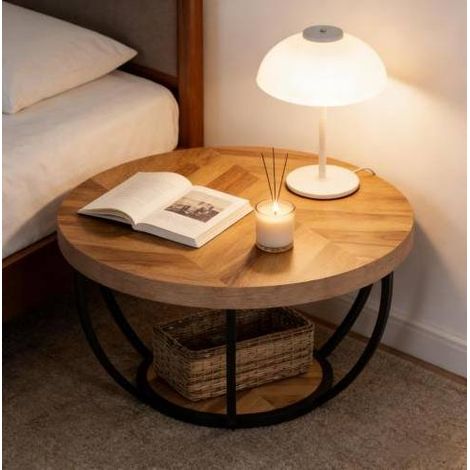 Mesa de centro redonda de 2 niveles, diseño orgánico y líneas limpias, estructura de metal y madera, color madera (1/5)