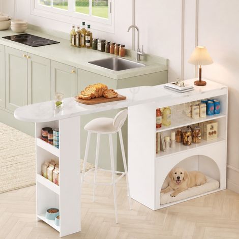 Table de bar et de salle à manger extensible et moderne, petite table de bar haute pivotante – avec espace pour animaux de compagnie (sans gamelle ni coussin), blanche, plateau effet marbre, 120 (+80) (1/5)