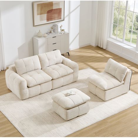 Sofá rinconero modular de 3 plazas sin montaje en chenilla beige con 1 otomana OKMYHOME (1/5)