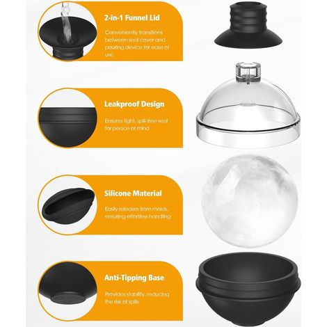 Stampo per cubetti di ghiaccio grande in silicone rotondo per whisky - Set da 4 pezzi con coperchio a imbuto 2 in 1 - Vassoio per cubetti di ghiaccio grande facile da rimuovere (1/5)