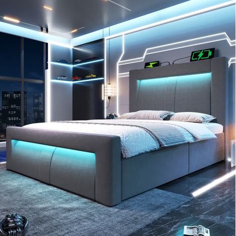 letto contenitore 90x200 LED USB salvaspazio grigio HAVRYA (1/5)