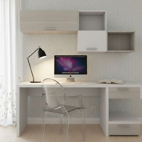 Angolo studio moderno con cassettiera sfalsata per cameretta - Bianco e rovere rock