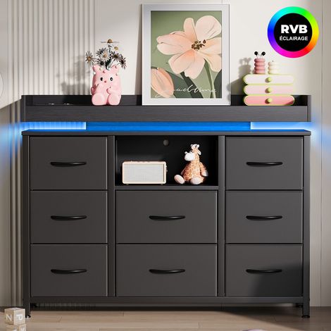 Kommode 110 cm mit 8 Stoffschubladen, Aufbewahrungsschrank mit erhöhter Ablage, Regal, LED und USB/Type-C, Schlafzimmer und Wohnzimmer, Schwarz