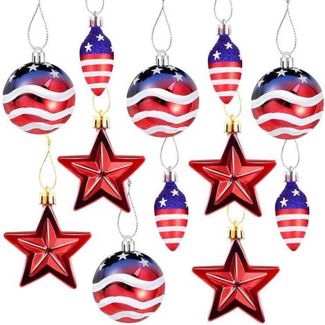 Ornement Suspendu - Boule Décorative Étoile à 5 Branches - Pour Arbre de Fête Patriotique - 12 Pièces - 6 cm - Rouge Blanc Bleu (1/5)