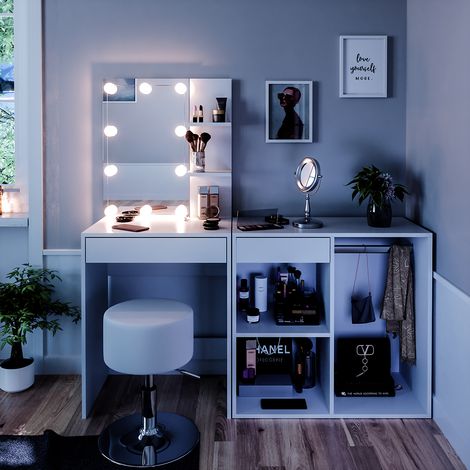 Schminktisch Isabelle, Weiß, 60 cm mit LED, Hocker und Schrank, Vicco