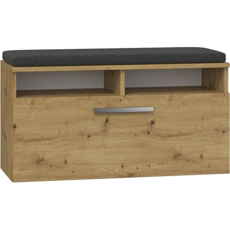 Scarpiera artigianale in rovere con seduta, vano contenitore, 6 ripiani, design moderno, produzione polacca. (1/4)