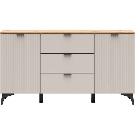 Buffet commode meuble de rangement 2 portes et 3 tiroirs coloris Cachemire / Chêne artisan - Longueur 150 x Profondeur 41 x Hauteur 82 cm (1/4)