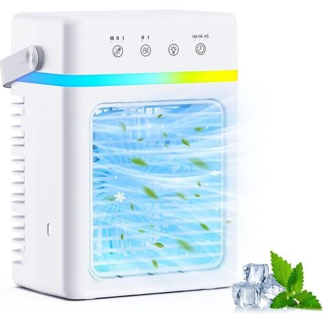 Climatiseur Mobile 900ML, Refroidisseur d'Air Silencieux 3 Modes & 2 Brumisation, Mini Climatiseur Portable Compatible USB, Minuterie 2/4/6H, Lumière LED - Idéal pour Dortoir/Chambre/Bureau/Camping (1/5)