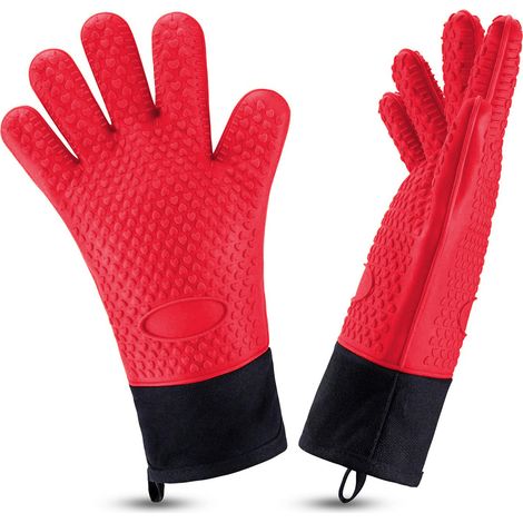 1 paire de gants de cuisine résistants à la chaleur en silicone, gants de grillade longs et imperméables avec doublure intérieure en coton pour barbecue, cuisine et pâtisserie. (1/5)