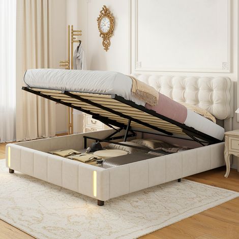 Cama con almacenamiento 140x190 cm, cama doble con almacenamiento, tiras luminosas LED integradas a ambos lados del somier, cabecero acolchado, canapé de láminas, diseño, terciopelo, Beige (1/5)