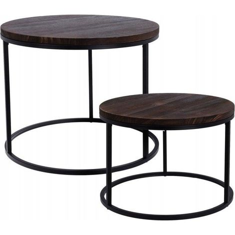 Ensemble de tables basses avec plateau en bois de paulownia, structure en métal, 2 pièces, Ø 57 cm, Ø 50 cm. (1/2)