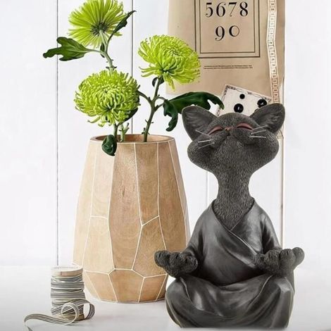 Statue-statuette decorative-12.5cm Statue de Chat en Méditation, Figurine de Chat Noir (1/4)