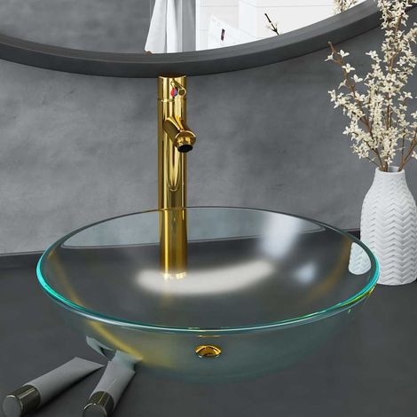 vidaXL Lavabo de bain avec robinet et drain à poussoir Verre trempé (1/5)