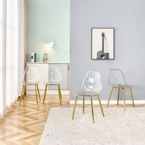 Lot de 4 chaises salle à manger plastique transparent,pieds métal doré,stables antidérapantes,faciles à nettoyer,pour salle à manger et bureau.