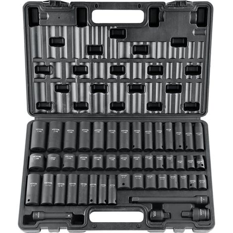 Coffret de douilles à impact 3/8", 48 pièces, tailles SAE (5/16" - 3/4") et métriques (8-22 mm), rallonge 6 pans en acier CrV, cardan et adaptateur pour perceuse. Coffret de rangement inclus. (1/5)