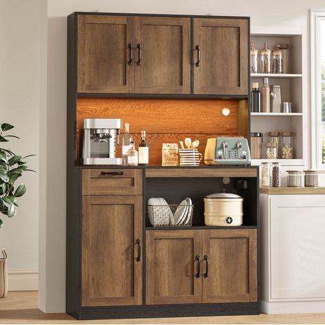 Buffet de cuisine avec LED RGB, prises USB, étagères réglables, 110x40x180 cm, MDF marron et noir (1/5)