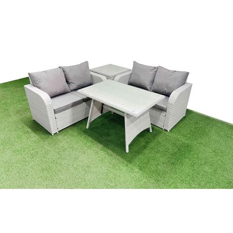 Fimous 4 Seat Outdoor Love Sofa Set Rattan Garden Furniture Set with Rectangular Dining Table Side Table Light Grey (1/4)