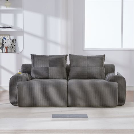 2-Sitzer-Sofa 200x99x80 cm aus dunkelgrauem Cordstoff mit Getränkehalter – MEUBLIV (1/5)