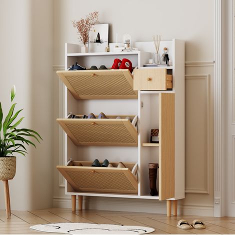 Schuhschrank aus MDF in Natur/Weiß, 3 Klappen, 1 Schublade, Beine und Griffe aus Massivholz, 90x17x125 cm (1/5)