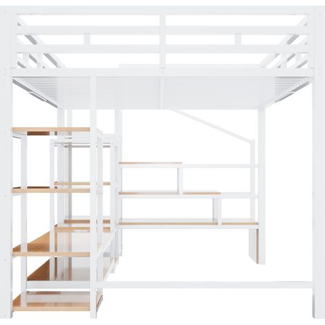 Cama alta 140 x 200 cm blanca con soporte TV, enchufe y escalera de almacenamiento de metal y MDF (1/5)