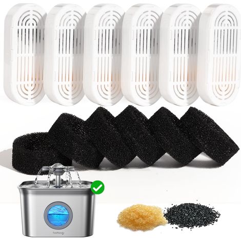 6 Packs de Filtres pour Fontaine à Eau pour Chat et 6 Packs d'Éponges de Remplacement, pour Fontaine Eau Chat en Acier Inoxydable de 2.8L FN-W22 (1/5)