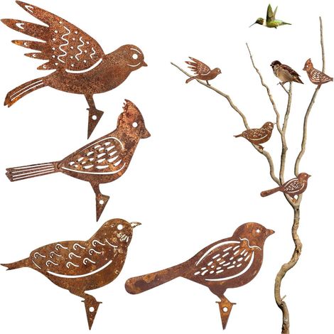 4 PCS Oiseaux Decoratifs rouillé Oiseau Decoration Deco Jardin Exterieur rouillée métal rouillé Metal Bird pour Décoration de Tronc de Branche d'arbre pour Patio Parc et Clôture
