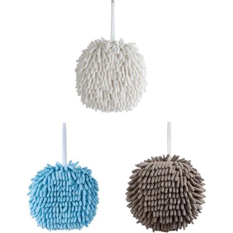 Serviette Main Chenille Microfibre - 18 cm Diamètre - Avec Anneau de Suspension - Pour Salle De Bain Et Cuisine - Lot De 3 (1/4)