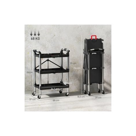 Chariot d atelier noir à 3 niveaux pliable avec poignée et charge maximale de 68 kg pour garage, entrepôt et atelier (1/5)