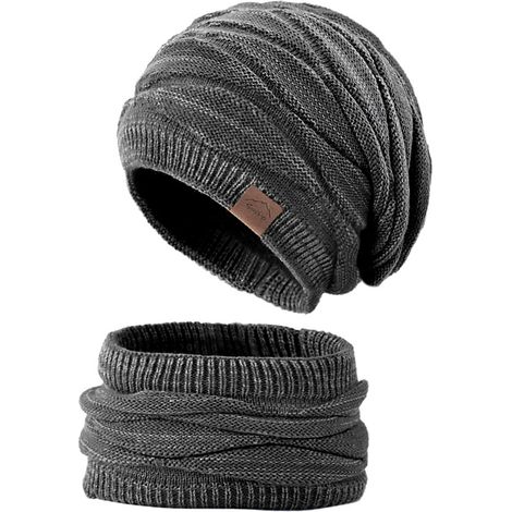 Ensemble bonnet et écharpe unisexe ample en maille, ensemble bonnet et écharpe d'hiver en fil mélangé épais et chaud, convenant aux hommes et aux femmes, pour rester au chaud à l'extérieur par temps f (1/2)